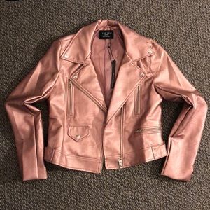 Metallic pink rose faux leather moto jacket